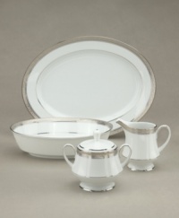 The unparalleled style of Noritake china has been gracefully setting tables for more than ninety years. The formal Crestwood Platinum dinnerware and dishes collection features crisp white china embellished with a shimmering border of interlocking scrolled leaves and an edge of polished platinum. The unparalleled style of Noritake china has been gracefully setting tables for more than ninety years. The formal Crestwood Platinum dinnerware and dishes collection features crisp white china embellished with a shimmering border of interlocking scrolled leaves and an edge of polished platinum.