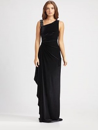 Plush velvet, artfully draped and accented with a sparkling beaded shoulder strap.Asymmetrical necklineBeaded shoulder strapSide ruchingSide drapeFully linedAbout 46 from natural waistPolyester/spandexDry cleanImportedModel shown is 5'11 (180cm) wearing US size 4. Plush velvet, artfully draped and accented with a sparkling beaded shoulder strap.Asymmetrical necklineBeaded shoulder strapSide ruchingSide drapeFully linedAbout 46 from natural waistPolyester/spandexDry cleanImportedModel shown is 5'11 (180cm) wearing US size 4.