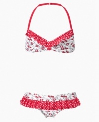 Dainty polka dots and a print of her favorite character on this ruffle bikini from Hello Kitty makes it the perfect pick for a pool party. Dainty polka dots and a print of her favorite character on this ruffle bikini from Hello Kitty makes it the perfect pick for a pool party.