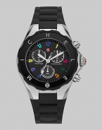 A sleek black dial is dotted with colorful hour markers for a distinctive timepiece.Swiss quartz movement Water resistant to 5 ATM Logo bezel Round stainless steel case, 40mm, (1.49) K1 mineral crystal Black chronograph dial Numeral hour markers Second hand Silicone strap Imported 