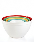 What's inside counts! Clean and simple on the outside, each durable ceramic bowl reveals a surprise colored interior that puts mixing, stirring and prepping fantastic meals on the bright side. The nesting design creates convenience when storing and organizing.