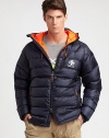 Designed to excel in a range of conditions, this airy-feeling, down jacket is constructed from durable nylon with a warm down fill.Two-way zip frontAttached drawstring hoodChest, waist zip pocketsAbout 25 from shoulder to hemNylonFill: 80% down/20% other feathersMachine washImported