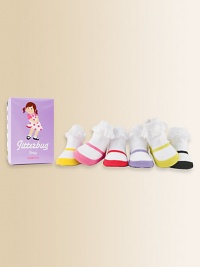 Six pairs of brightly colored Mary Jane socks with a ruffled lace cuff, packaged in a sweet gift box.80% cotton/17% acrylic/3% spandexMachine washImported Six pairs of brightly colored Mary Jane socks with a ruffled lace cuff, packaged in a sweet gift box.80% cotton/17% acrylic/3% spandexMachine washImported