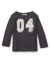 He'll love the vintage appeal of this cute long sleeve shirt in soft cotton slub, with distressed lettering detail. He'll love the vintage appeal of this cute long sleeve shirt in soft cotton slub, with distressed lettering detail.