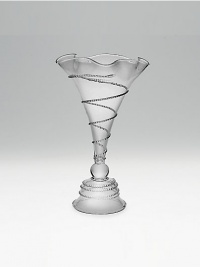 A delicately-crafted spiral design coils around this elegant glass vase from base to rim. Mouth blown 10H; holds 16oz Not recommended for dishwasher or microwave Made in Czech Republic