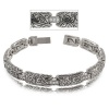 Sterling Silver Bracelet - Leaf Carved Links & White CZ