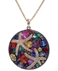 Sweet splendor of the sea. EFFY Collection's nautical-themed starfish pendant is set in 14k gold and features round-cut diamonds (1/4 ct. t.w.) with a vibrant mix of round, oval and pear-cut ceylon (1 ct. t.w.), orange sapphire (1 ct. t.w.), tsavorite (3/4 ct. t.w.) and yellow sapphire (1 ct. t.w.), as well as oval and pear-cut green sapphire (1/2 ct. t.w.), pear and round-cut pink sapphire (3/4 ct. t.w.) and round-cut purple sapphire (1/6 ct. t.w.) and red sapphire (1/4 ct. t.w.). Approximate length: 18 inches. Approximate drop length: 1-1/4 inches. Approximate drop width: 1 inch. Sweet splendor of the sea. EFFY Collection's nautical-themed starfish pendant is set in 14k gold and features round-cut diamonds (1/4 ct. t.w.) with a vibrant mix of round, oval and pear-cut ceylon (1 ct. t.w.), orange sapphire (1 ct. t.w.), tsavorite (3/4 ct. t.w.) and yellow sapphire (1 ct. t.w.), as well as oval and pear-cut green sapphire (1/2 ct. t.w.), pear and round-cut pink sapphire (3/4 ct. t.w.) and round-cut purple sapphire (1/6 ct. t.w.) and red sapphire (1/4 ct. t.w.). Approximate length: 18 inches. Approximate drop length: 1-1/4 inches. Approximate drop width: 1 inch.
