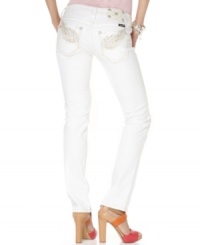 Rhinestones and angel-wing embroidery add eye-catching appeal to these white Miss Me skinny jeans -- perfect for hot spring style! Rhinestones and angel-wing embroidery add eye-catching appeal to these white Miss Me skinny jeans -- perfect for hot spring style!