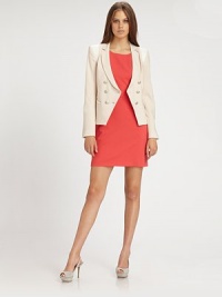 Tailored an utterly feminine, this cropped blazer boasts fitted double-breasted silhouette crafted from rich wool and leather.Notch collarDefined shouldersLong sleevesDouble-breasted button frontBodice dartsAbout 22½ from shoulder to hemWool body; leather trimDry clean by a leather specialistMade in USAModel shown is 5'10 (177cm) wearing US size 4. Tailored an utterly feminine, this cropped blazer boasts fitted double-breasted silhouette crafted from rich wool and leather.Notch collarDefined shouldersLong sleevesDouble-breasted button frontBodice dartsAbout 22½ from shoulder to hemWool body; leather trimDry clean by a leather specialistMade in USAModel shown is 5'10 (177cm) wearing US size 4.