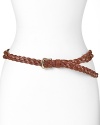 Lauren Ralph Lauren makes a definitive waistline statement with this braided leather belt, accented by an understated gold buckle.