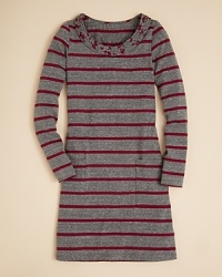 The wide, braided neckline and slouchy striped silhouette lend a bohemian flair to Aqua's jersey dress. The wide, braided neckline and slouchy striped silhouette lend a bohemian flair to Aqua's jersey dress.
