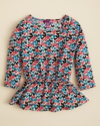 With a multicolor bow print and dramatic gathers at the waist, this bright top from Aqua expands her wardrobe's palette with striking colors and a fun, frilly silhouette. With a multicolor bow print and dramatic gathers at the waist, this bright top from Aqua expands her wardrobe's palette with striking colors and a fun, frilly silhouette.