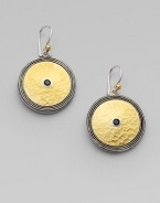 From the Shield Collection. A sleek design with 24k gold and a center spinel set in dark and white sterling silver. Dark and white sterling silver24k goldBlack spinelLength, about ¾Hook backImported 
