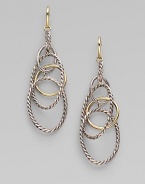 A coming together of the cabled and the smooth, the oval and the circle, sterling silver and 18k gold, in a delicate linked design that dangles with mobile grace. 18k yellow gold and sterling silver Drop, about 2½ Ear wire Made in Italy