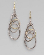 A coming together of the cabled and the smooth, the oval and the circle, sterling silver and 18k gold, in a delicate linked design that dangles with mobile grace. 18k yellow gold and sterling silver Drop, about 2½ Ear wire Made in Italy