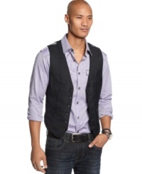Get vertical with your layers with this sleek striped vest from Marc Ecko Cut & Sew. Get vertical with your layers with this sleek striped vest from Marc Ecko Cut & Sew.