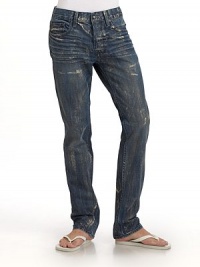 Hand-painted brushstrokes give this tough guy pair a perfectly broken-in finish, with a one-of-a-kind texture.Mid-width waistband with belt loops Front zipper and button fly Five-pocket style Creases and painted brushstrokes Contrast stitching and logo patch at backpocket Inseam, about 34 Cotton; hand wash or machine wash Made in USA of imported fabric Hand-painted brushstrokes give this tough guy pair a perfectly broken-in finish, with a one-of-a-kind texture.Mid-width waistband with belt loops Front zipper and button fly Five-pocket style Creases and painted brushstrokes Contrast stitching and logo patch at backpocket Inseam, about 34 Cotton; hand wash or machine wash Made in USA of imported fabric