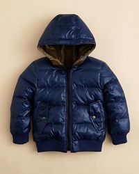 Offering two very different looks in one, this reversible hooded puffer jacket is shiny nylon on one side and cotton plaid on the other, with warm duck down and feathers as the fill. Cute and extra functional. Offering two very different looks in one, this reversible hooded puffer jacket is shiny nylon on one side and cotton plaid on the other, with warm duck down and feathers as the fill. Cute and extra functional.
