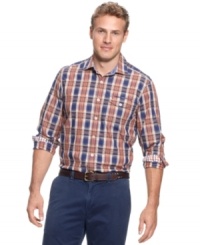 Punch up your everyday wear with plaid in this long-sleeved shirt from Tommy Bahama. Punch up your everyday wear with plaid in this long-sleeved shirt from Tommy Bahama.
