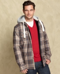 This hooded shirt from Tommy Hilfiger is a cool layer with style to last all season. This hooded shirt from Tommy Hilfiger is a cool layer with style to last all season.
