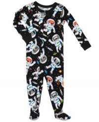 His dreams will be out-of-this world when he's napping in this fun footed coverall from Carter's. His dreams will be out-of-this world when he's napping in this fun footed coverall from Carter's.