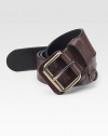 A classic leather belt ideally suited to denim but easily works with anything. Antiqued gold buckle About 1½ wide Imported 