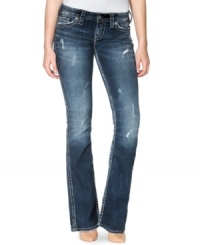 So Twisted: extreme fading and a burst of rips lend rugged-chic style to Silver Jeans' five-pocket bootcut denim. So Twisted: extreme fading and a burst of rips lend rugged-chic style to Silver Jeans' five-pocket bootcut denim.