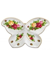 Since 1962, Old Country Roses has graced tables with fresh blooms. This Royal Albert dinnerware has dishes with sprays of colorful English roses that still flourish today, garnishing this whimsical butterfly dish for candies, nuts and other perennial favorites. Accented with 22-karat gold. Since 1962, Old Country Roses has graced tables with fresh blooms. This Royal Albert dinnerware has dishes with sprays of colorful English roses that still flourish today, garnishing this whimsical butterfly dish for candies, nuts and other perennial favorites. Accented with 22-karat gold.