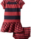 Nautica Sportswear Kids Baby-girls Infant Short Sleeve Stripe Dress, Deep Red, 24 Months