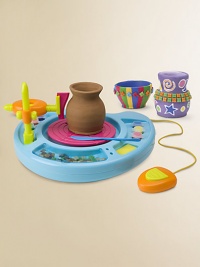 This real pottery wheel comes complete with everything you need to create your favorite crafts. Set includes pottery machine with foot pedal, 6 carving attachments, blades, 7 carving tools, 2 lb/907g air-drying clay, 6 paints, a palette, a sponge, 2 brushes, clay-cutting cord, 80 mosaic tiles, 8 gemstones and an AC adapter.Suitable for ages 8 and upImported This real pottery wheel comes complete with everything you need to create your favorite crafts. Set includes pottery machine with foot pedal, 6 carving attachments, blades, 7 carving tools, 2 lb/907g air-drying clay, 6 paints, a palette, a sponge, 2 brushes, clay-cutting cord, 80 mosaic tiles, 8 gemstones and an AC adapter.Suitable for ages 8 and upImported