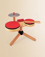 Little ones will love playing with a colorful drum set complete with two sticks, two drums and a cymbal. Helps stimulate hand-eye coordination, concentration skills and stress relief For ages 3 and up Set made entirely from recycled materials About 14W X 14H X 10D About 2.2 lbs. Keep dry Imported