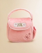 This ultra-soft purse with matching strap makes the sweetest fashion statement for your little girl. Set includes a ringing cell phone, a compact with plastic mirror and a change purse.Shoulder strapOutside cellphone pocketInside pocket8H X 6L X 2DPolyesterSurface washRecommended for ages 0 and upImported