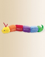 Each section of this soft velour worm is embroidered with the sound featured inside: Tinkle has a bell, Crinkle has crinkly fiber, Rattle has a rattle and Squeak has a squeaker. Polyester cover and fill Surface washable 73 long Imported