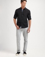 Ticking-striped ribbon trims this crisp cotton button-down styled with easy roll-tab sleeves.Point collarButton-down placketShirttail hemBack yokeCottonDry cleanImported