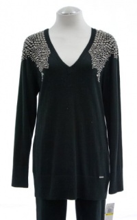 Michael Kors Black Cotton Blend V-Neck Sweater with Silver Stud Accents Medium Michael Kors Black Cotton Blend V-Neck Sweater with Silver Stud Accents Medium