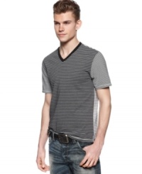 Get horizontal - with your stripes. This v-neck from Sons of Intrigue will be a staple of your casual wardrobe. Get horizontal - with your stripes. This v-neck from Sons of Intrigue will be a staple of your casual wardrobe.
