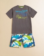 Swimming with the sharks is in style, especially when they're embroidered onto this plush cotton, short-sleeved knit.CrewneckShort sleevesPullover styleCottonMachine washImported