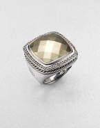From the Albion Collection. A beautiful design combining a faceted cushion of 18k gold with a frame of diamonds in a sterling silver setting and band. Diamonds, 0.52 tcw Sterling silver and 18k yellow gold About ¾ square Imported