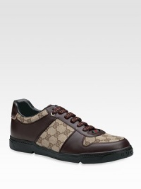 Lace-up sneakers in beige/ebony signature fabric with cocoa calf trim. Rubber sole Made in Italy Please note: For best fit please size down one full size. Lace-up sneakers in beige/ebony signature fabric with cocoa calf trim. Rubber sole Made in Italy Please note: For best fit please size down one full size.
