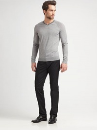 Lightweight, extra fine wool sweater shaped in a modern-fit with contrasting trim at the collar.V-neckRibbed knit collar, cuffs and hemWoolDry cleanImported of Italian fabric Lightweight, extra fine wool sweater shaped in a modern-fit with contrasting trim at the collar.V-neckRibbed knit collar, cuffs and hemWoolDry cleanImported of Italian fabric