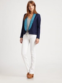 Elegantly tailored in a cropped single-button design that boasts a shapely satin shawl collar.Deep V necklineFlange sleevesChest welt pocketFlap hip pocketsDouble back ventAbout 23 from shoulder to hemBody: viscose; collar: 95% polyester/5% spandexDry cleanImported of Italian fabricModel shown is 5'8½ (174cm) wearing US size 4. Elegantly tailored in a cropped single-button design that boasts a shapely satin shawl collar.Deep V necklineFlange sleevesChest welt pocketFlap hip pocketsDouble back ventAbout 23 from shoulder to hemBody: viscose; collar: 95% polyester/5% spandexDry cleanImported of Italian fabricModel shown is 5'8½ (174cm) wearing US size 4.