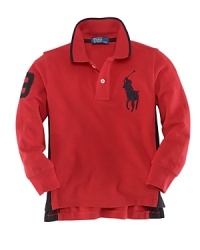 A long-sleeved cotton mesh polo, crafted in a classic fit, is detailed with an embroidered Big Pony, contrast stripes at the side and a twill 3 for an athletic look. A long-sleeved cotton mesh polo, crafted in a classic fit, is detailed with an embroidered Big Pony, contrast stripes at the side and a twill 3 for an athletic look.