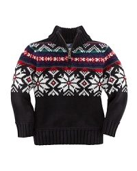 An essential Half-Zip Mockneck Sweater is rendered with an intarsia-knit snowflake motif for seasonal style. An essential Half-Zip Mockneck Sweater is rendered with an intarsia-knit snowflake motif for seasonal style.