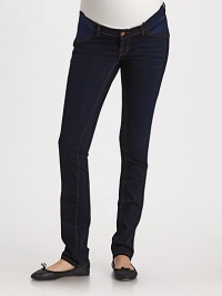 Sleek slim-fit hip huggers with a lower waist is perfect for the expectant mom.THE FITSlim fit Inseam, about 33THE DETAILSBelt loops Front zip-fly and button closure 92% cotton/7% polyester/1% spandex Machine wash Made in USA Sleek slim-fit hip huggers with a lower waist is perfect for the expectant mom.THE FITSlim fit Inseam, about 33THE DETAILSBelt loops Front zip-fly and button closure 92% cotton/7% polyester/1% spandex Machine wash Made in USA