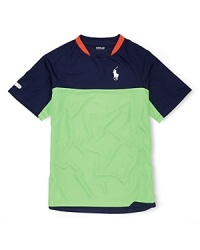 Ultra-breathable, silky mesh microfiber is ideal for an athletic tee, styled in a crewneck silhouette with bold color-blocking and a sporty 2 on the back. Ultra-breathable, silky mesh microfiber is ideal for an athletic tee, styled in a crewneck silhouette with bold color-blocking and a sporty 2 on the back.
