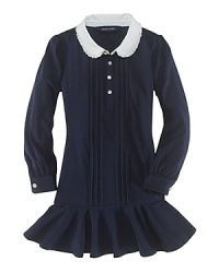 A comfortable pintuck dress in soft stretch cotton jersey is finished with ruffle details and a contrast collar for a pretty look. A comfortable pintuck dress in soft stretch cotton jersey is finished with ruffle details and a contrast collar for a pretty look.