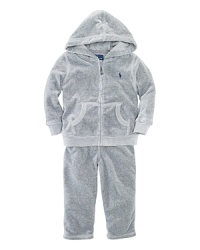 An adorably sporty two-piece set includes a track pant and a zip-up hoodie highlighted with signature pony embroidery. An adorably sporty two-piece set includes a track pant and a zip-up hoodie highlighted with signature pony embroidery.