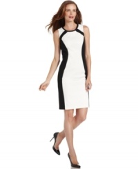 Make a graphic statement in Ellen Tracy's colorblocked sheath dress. Contrasting side panels lend a slimming silhouette to this must-have piece!