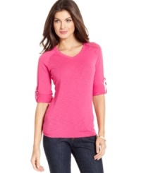 Ellen Tracy's V-neck top is an all-season essential, thanks to long roll tab sleeves. Ellen Tracy's V-neck top is an all-season essential, thanks to long roll tab sleeves.