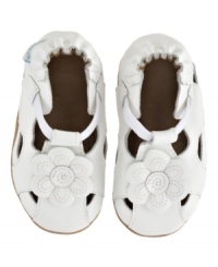A precious pansy sits atop this classic leather sandal. Perfect for dress up or just a lazy day around the house, this pair has a non-slip suede outsole and elasticized ankle to keep her comfortable and happy. A precious pansy sits atop this classic leather sandal. Perfect for dress up or just a lazy day around the house, this pair has a non-slip suede outsole and elasticized ankle to keep her comfortable and happy.